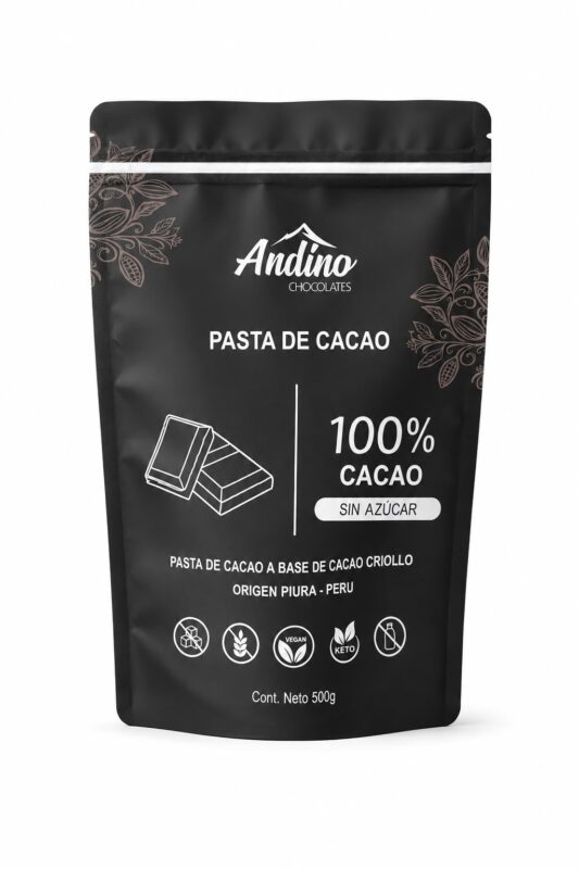 Chocolate Andino Pasta de Cacao 100% a base de cacao criollo 500g